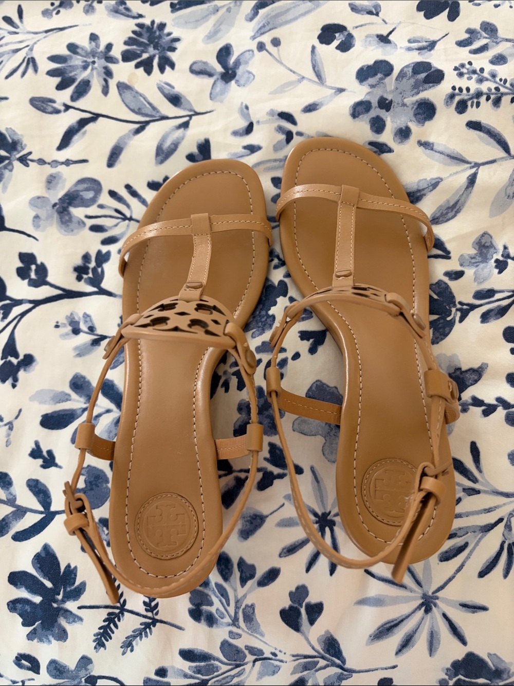 Tory Burch Leather T-Strap Sandals in Tan